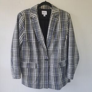 Nine West Longline Blazer Medium Gray Blue Plaid Wool Blend Academia Career
